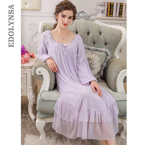 Purple Lace Vintage Nightgown Long Sleeve Slash Ruffle Night Dress For Wedding Princess Style Sleepwear Women Sleep Shirt T309