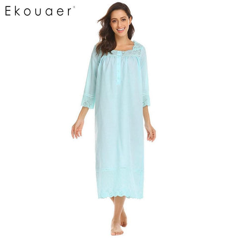 Ekouaer Women Long Vintage Nightgown Nightwear Dress Casual 100% Cotton Solid Hollow Out V-Neck Loose Nightdress Sleepwear