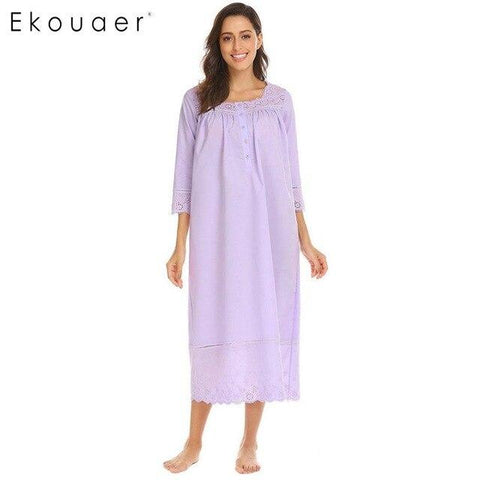 Ekouaer Women Long Vintage Nightgown Nightwear Dress Casual 100% Cotton Solid Hollow Out V-Neck Loose Nightdress Sleepwear