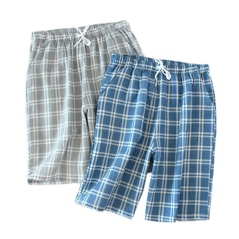 Summer plaid short sleep bottoms men sleepwear pants soft 100% cotton home shorts men casual pajamas pants for male