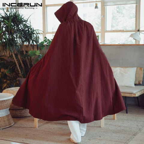 2019 Men Cloak Cape Long Outerwear Hooded Cotton Solid Color Loose Vintage Men Trench Coat Fashion Windbreaker Hombre INCERUN