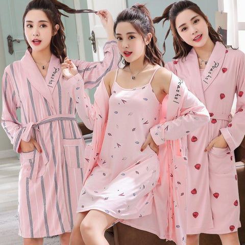 2PCS Sexy Cotton Robes Sets for Women 2019 Spring Autumn Lace Long Sleeve Night Dress Sleepwear Bathrobe Two Piece Set Nightgown