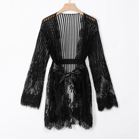 Women Sexy Lingerie Babydoll Erotic Robe Nightwear Long Sleeve Nightdress Hooded Lace Patchwork Night Cardigan Robe