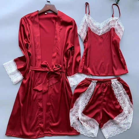Summer Women Robe Set Silk Rayon Bath Robes Dress Kimono Gowns Sexy Lace Sleepwear 3PCS Sleep Suit Home Clothing M-XXL S0110