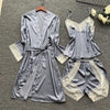 Summer Women Robe Set Silk Rayon Bath Robes Dress Kimono Gowns Sexy Lace Sleepwear 3PCS Sleep Suit Home Clothing M-XXL S0110