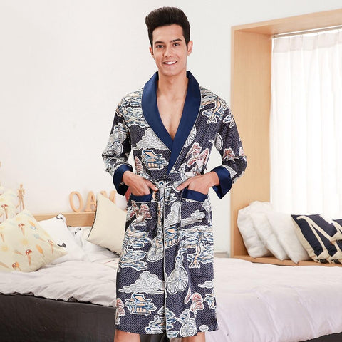 Men's Long Sleeve Robes Rayon Casual Sleepwear Nightwear Chinese Novelty Style Print Animals Nightgown Loose Bathrobe Robe