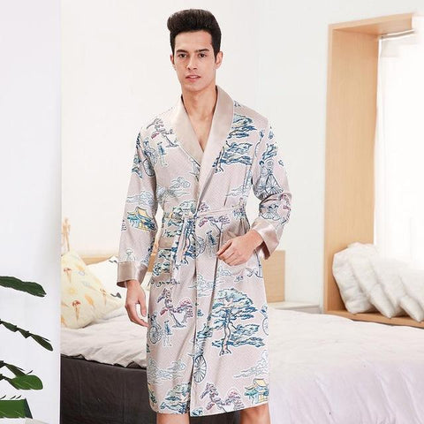 Men's Long Sleeve Robes Rayon Casual Sleepwear Nightwear Chinese Novelty Style Print Animals Nightgown Loose Bathrobe Robe