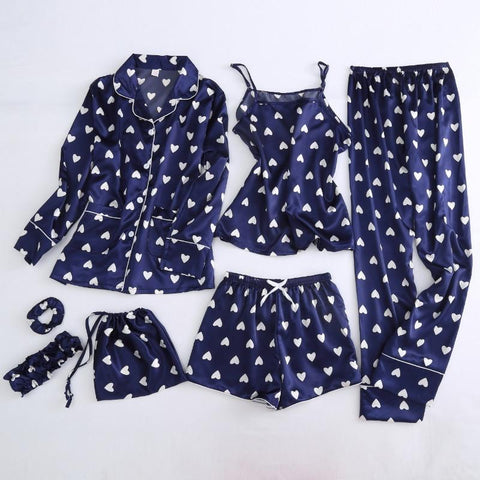 Autumn Spring 7 Pieces Set Silk Elegant Women Pajamas Print Shorts Long Sleeve Top Elastic Waist Pants Full Lounge Sleepwear