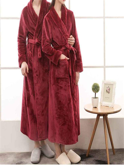 Winter Fashion Coral Fleece Men'S Robe Kimono Bathrobe Nightgown Thick Warm Long Sleeve Belted Sleepwear Bath Night Gown Couple