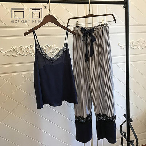 Sleepwear Female Sexy Lace Elegant Satin Pajamas 2019 Spring Autumn Women Silk Pijama Sets High Quality Vest+Long Pants 2Pieces
