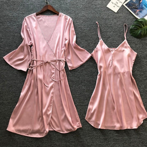 QWEEK Women Robe Sets 2 Pieces Sets Spring 2019 Sleepwear Robe Female Sexy Ladies Nightwear Home Clothes Casual Nightdress