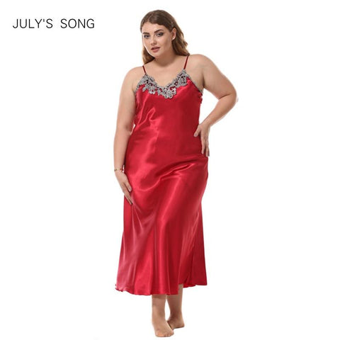 JULY'S SONG Plus Size Women Sleepwear Sleeveless Strap Sexy Lace Nightdress Sleepwear Nightgown Faux Silk V-neck Sleepwear Robe