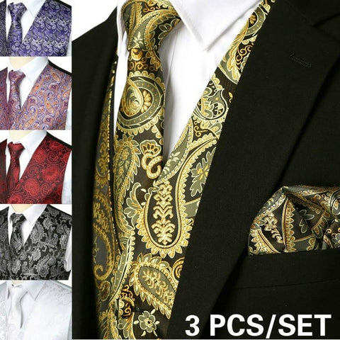 Brand Gold Mens Suit Vest+Tie+Pocket Square 3pcs Set Paisley Floral Sleeveless Wedding Waistcoat Men Party Club Prom Gilet Homme