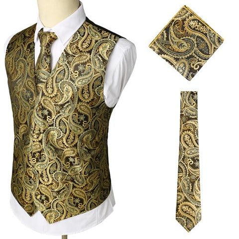 Brand Gold Mens Suit Vest+Tie+Pocket Square 3pcs Set Paisley Floral Sleeveless Wedding Waistcoat Men Party Club Prom Gilet Homme
