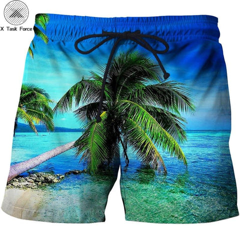 Loose Elastic Waist Men T Shorts Quick Dry Bodybuilding Breathable 3D Printer Clothing Short Summer Coconut Palm Tree Beach Male