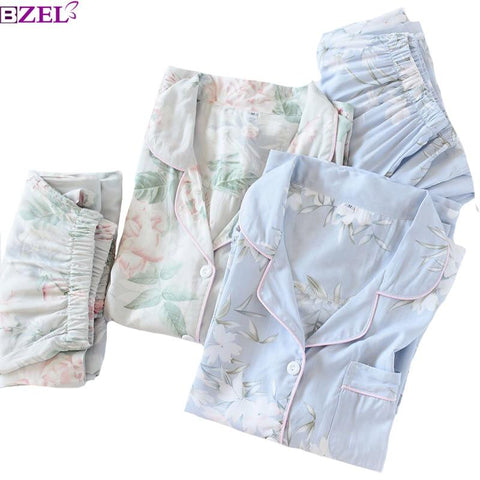 2019 Spring New Ladies Pajamas Set Floral Printed Soft Sleepwear Cotton Simple Style Women Long Sleeve+Pants 2Piece Set Homewear