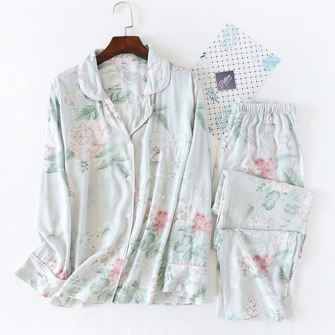 2019 Spring New Ladies Pajamas Set Floral Printed Soft Sleepwear Cotton Simple Style Women Long Sleeve+Pants 2Piece Set Homewear