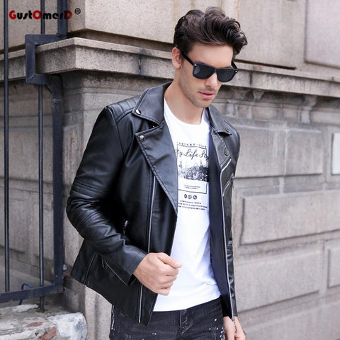 GustOmerD Brand 2017 Autumn Winter Casual Zipper PU Leather Jacket Motorcycle Leather Jacket Men Slim Fit Mens Jackets And Coats