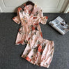 ZOOLIM 2018 New 3 PCS Women Pajamas Sets with Pants Sexy Pyjama Satin Flower Print Nightwear Silk Negligee Sleepwear Pyjama
