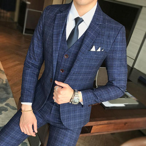 Men Wedding Dress Formal Wear Suits Blue Plaid Slim Suits Blazers Jackets+Vest+Pants Large Size New Male Single Breasted Suits