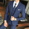 Men Wedding Dress Formal Wear Suits Blue Plaid Slim Suits Blazers Jackets+Vest+Pants Large Size New Male Single Breasted Suits