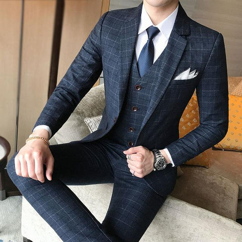 Men Wedding Dress Formal Wear Suits Blue Plaid Slim Suits Blazers Jackets+Vest+Pants Large Size New Male Single Breasted Suits