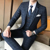 Men Wedding Dress Formal Wear Suits Blue Plaid Slim Suits Blazers Jackets+Vest+Pants Large Size New Male Single Breasted Suits