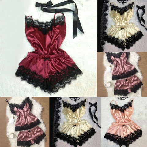 Womens Sexy Imitated Faux Silk Pajamas Set Deep V-Neck Solid Color Camisole Sleepwear Eyelash Floral Lace Trim Wide Leg Shorts