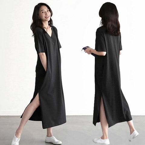 Spring New Solid Split Home Dress Cotton Comfortable Sleepwear Loose V-Neck Nightdress Intimate Lingerie Korean Bathrobe Lounge