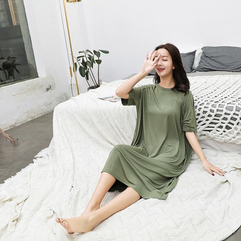 Plus Size Women Solid Sleepwear Home Gown Comfortable Loose Ladies Nightwear Nightgown Short Sleeve Modal Long Robe Sleep Dress
