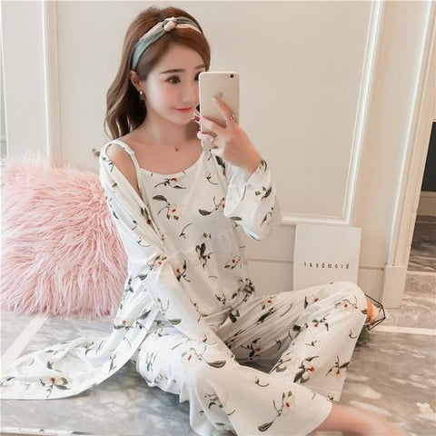 JULY'S SONG Woman Pajamas Set Sling Cotton Pajamas 3 Peices Sleepwear For Women Long Sleeves Breathable Sexy Robe Homewear