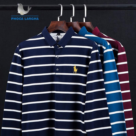 New Casual Men's Solid Striped Shirts Cotton 3D Embroidery Long sleeve Polos Mens Slim Fit Business Turn-down Polo Shirt Male