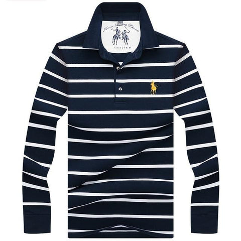 New Casual Men's Solid Striped Shirts Cotton 3D Embroidery Long sleeve Polos Mens Slim Fit Business Turn-down Polo Shirt Male