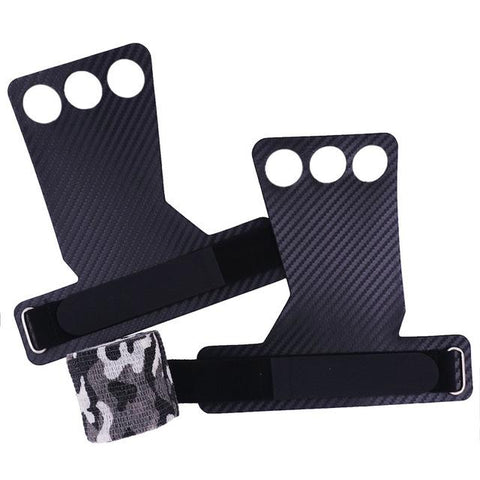 3-Hole Carbon Fiber Hand Grips with Tape Gym Gloves Full Palm Protection for Weight Lifting Crossfit Pull Ups Kettlebells Rings