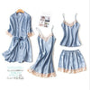 4 Piece Pj Set Sexy Women Pajamas Sets Women Faux Silk Pyjama Lace Sling Sleeveless Shirt Shorts Summer Robe Sleepwear Nightwear