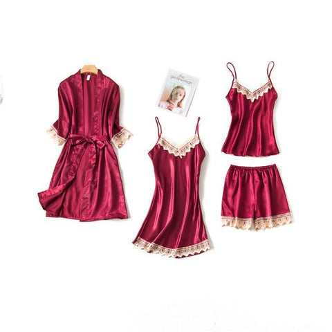 4 Piece Pj Set Sexy Women Pajamas Sets Women Faux Silk Pyjama Lace Sling Sleeveless Shirt Shorts Summer Robe Sleepwear Nightwear