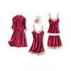 4 Piece Pj Set Sexy Women Pajamas Sets Women Faux Silk Pyjama Lace Sling Sleeveless Shirt Shorts Summer Robe Sleepwear Nightwear