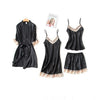 4 Piece Pj Set Sexy Women Pajamas Sets Women Faux Silk Pyjama Lace Sling Sleeveless Shirt Shorts Summer Robe Sleepwear Nightwear