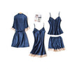 4 Piece Pj Set Sexy Women Pajamas Sets Women Faux Silk Pyjama Lace Sling Sleeveless Shirt Shorts Summer Robe Sleepwear Nightwear
