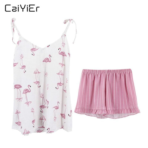 Caiyier 2019 Sexy Cotton Pajama Set Pink Flamingos Summer Nightwear Sling V-Neck Sleeveless Cami Tops Shorts Casual Sleepwear